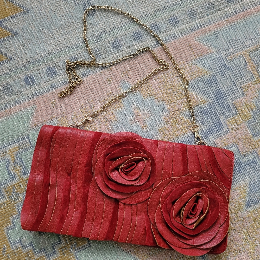 Vintage Melie Bianco Red Velvet and Leather Rose Purse *RARE*